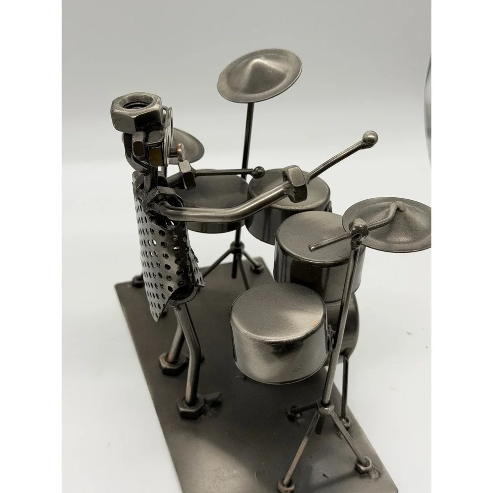Nuts & Bolts Band Drummer and Guitar  Desk Pen Holders Metal Musicians Sculpture